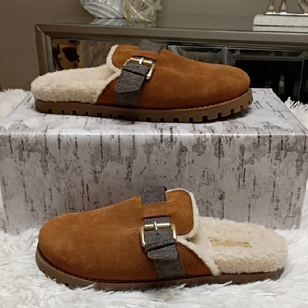 New Michael Kors Judd Brown Suede Mules Shearling Lined Lug Soles Size 7 - Picture 3 of 15